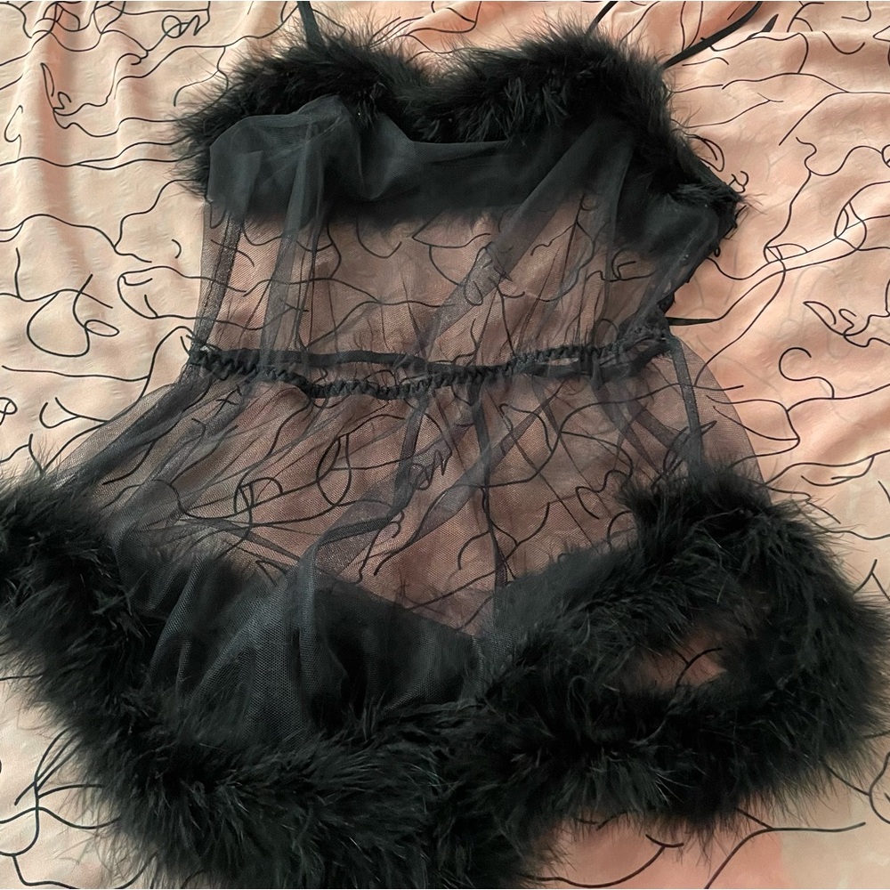 Savage X Fenty Black Marabou Feather romper in black